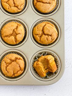 several muffins in a cupcake tin on a table