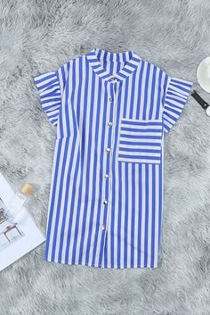 Sky Blue Striped Buttoned Ruffled Sleeve Blouse Chic Blue Shirt With Ruffles, Blue Ruffled Shirt For Summer, Blue Short Sleeve Shirt With Ruffles, Soft Green Color, Bright Stripes, Pink Jumpsuit, Summer Sky, Summer Stripes, Trendy Chic