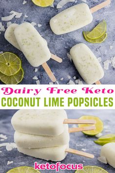 coconut lime popsicles are stacked on top of each other with lime wedges around them