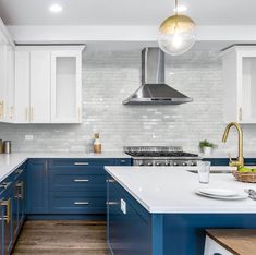 Urban Brick Porcelain Tile Coconut 6x15 featured on a kitchen backsplash Small Kitchen Backsplash, Artisan Stone Tile, Blue Kitchen Interior, Blue Gray Kitchen Cabinets, Modern Kitchen Storage, Recycled Tile, Patterned Tile, White Tile Backsplash, Kitchen Blue