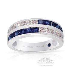 a white gold ring with blue sapphires and diamonds on the sides, set in 18k white gold