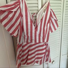 Essue - Nwt Short Sleeve Striped Wrap Blouse. Stripe Colors Are Between A Muted Red/Pink. Size Is Labeled As A L But Fits Much Closer To A M Red Summer Blouse For Brunch, Red V-neck Summer Blouse, Red Cotton Blouse For Brunch, Dressy Sweaters, Yellow Adidas, Muted Red, Adidas Tank Top, Tie Women, Flare Top