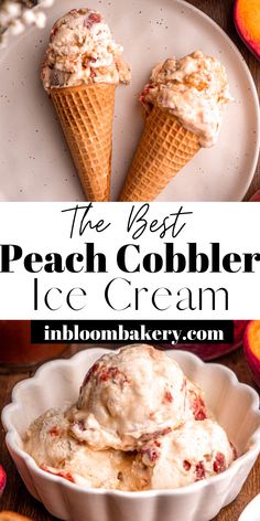 two scoops of peach cobbler ice cream on a white plate with the title above it