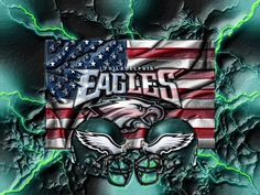 an american flag with eagles on it in front of a green and white background that looks like lightning