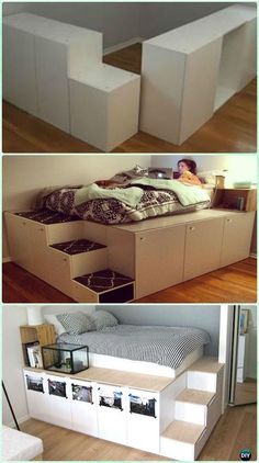 there are three pictures of different beds in the same room, one is made out of cardboard