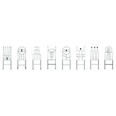 a line drawing of chairs with different shapes and sizes, all lined up in the same row