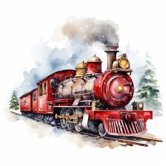 a watercolor painting of a red train engine