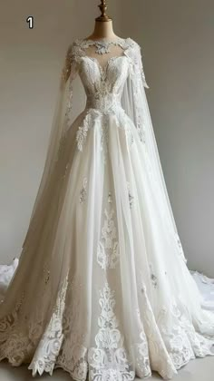 a white wedding dress with long sleeves and laces on the skirt is displayed in front of