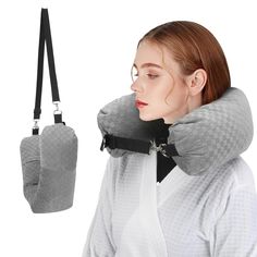 a woman wearing an inflatable neck pillow