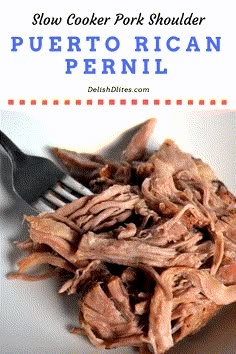 slow cooker pork shoulder served on a white plate with fork and text overlay