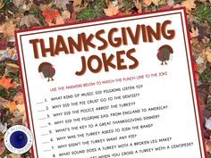 a thanksgiving joke with turkeys on it and leaves around the word'thanksgiving jokes '