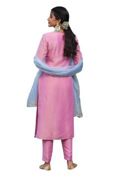 Pink kurta with sequin embroidery on neckline. Paired with straight fit pant and blue badla work dupatta. - Aza Fashions Fitted Churidar For Festive Occasions, Formal Cotton Dupatta, Unstitched Silk Pant Set, Festive Silk Unstitched Suit, Festive Chanderi Fitted Pant Set, Fitted Chanderi Pant Set For Diwali, Unstitched Cotton Silk Palazzo Set, Zari Work Straight Pants Sets, Unstitched Cotton Silk Sets