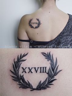 a woman's back with roman numeral tattoo on her left shoulder and an image of the roman numeral tattoo on her upper arm