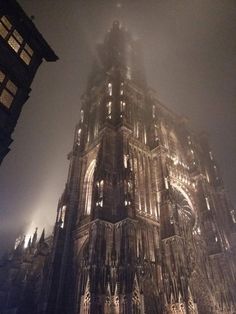 the large cathedral is lit up at night