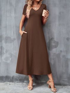 Solid Hidden Pocket Tee Dress Coffee Casual  Short Sleeve Knitted Fabric Plain Tee Medium Stretch  Women Clothing, size features are:Bust: ,Length: ,Sleeve Length: Sleepwear Dress, Plain Tees, Long Dress Casual, Elegant Dresses Long, Women Midi, Hidden Pocket, Women Long Dresses, Dress Robes, Tee Dress