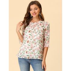 Whether you're in the office or out on the town, this ruffle collar floral print top is perfect for any occasion. It looks comfortable and it is made of very nice flowy breathable material with a pretty floral design. It looks fresh and great for early fall. The style of the blouse gives a very fresh and youthful look without excluding an older audience. Beautiful boho design, very neutral color, could match with Jeans for a very tailored casual look, great for spring and summer. White Floral Print Blouse With 3/4 Sleeves, Floral Print 3/4 Sleeve Work Blouse, Floral Print 3/4 Sleeve Workwear Blouse, Feminine Blouse With 3/4 Sleeve Floral Print, Feminine 3/4 Sleeve Blouse With Floral Print, Floral Print Workwear Blouse With 3/4 Sleeves, Feminine Floral Print Tops With 3/4 Sleeve, Floral Print 3/4 Sleeve Tops For Work, Floral Print 3/4 Sleeve Workwear Top