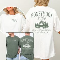 Looking for something to wear as you kick off your honeymoon?  These custom lake HONEYMOON CLUB Comfort Colors® shirts are the perfect way to show your excitement as husband and wife.  Personalize with the location of your honeymoon to make these t-shirts a keepsake for years to come.  Buy for yourself or make this a gift for your favorite newlyweds! PLEASE READ THROUGH ALL OF THE FOLLOWING INFORMATION.  IF YOU HAVE FURTHER QUESTIONS, WE ARE HAPPY TO HELP! Welcome to CuratedClothCo.!  Here you c Lake Honeymoon, Mr And Mrs Shirts, Mrs Shirts, Screen Printing Techniques, Mrs Shirt, Honeymoon Shirts, Buying Process, Orders Shipped, Newlywed Gifts