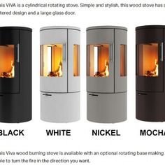 three different types of wood burning stoves with the words black, white, and mocha