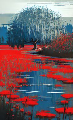 an abstract painting of red flowers in the water