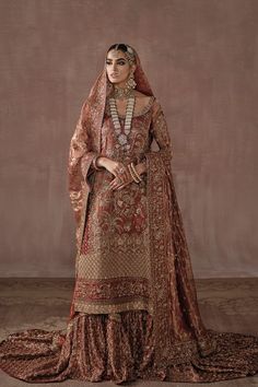 Royal Heavily Embellished Pakistani Bridal Dress Red Gold Farshi Gharara Bridal Dress Red, Red Gharara, Bridal Gharara, Tissue Dupatta, Pakistani Bridal Dress, Bridal Couture Week, Red Bridal Dress, Bridal Dupatta, Upscale Fashion