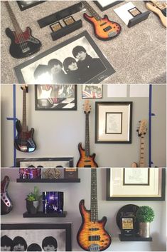 there are many guitars and pictures on the wall