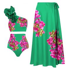 Pink Bougainvillea Flower Printed Bikini Swimsuit and Skirt(Shipped on July 29th) Bougainvillea Flower, Pink Bougainvillea, Sarong Skirt, Skirt Wrap, Bougainvillea, Skirted Swimwear, Types Of Skirts, Vintage Colors, Long Skirt