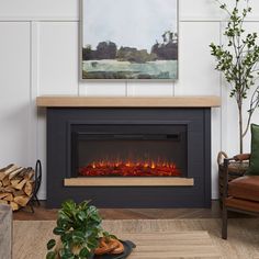 a living room with a fire place and couches