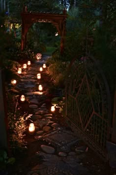 many lit candles are on the path in the dark