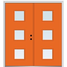 an orange double door with two sidelights on the top and bottom panels, in front of