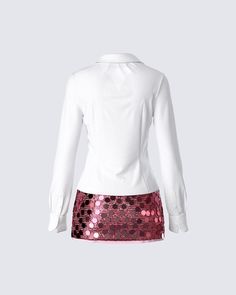 Be the one they know they can’t mess with in this two-piece set 😌 Featuring a white poplin button down top and a pink sequin mini skirt - this fit is the perfect for our baddies who want to werk, not work 💅 White Mini Skirt For Party Season, White Mini Skirt For Night Out And Party Season, Fitted White Mini Skirt For Party Season, White Fitted Mini Skirt For Party Season, Sequin Set, Sequin Mini Skirt, Sequin Mini Skirts, Be The One, Clothes Women