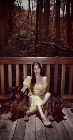 a woman in a yellow dress sitting on a wooden bench with two black and brown dogs