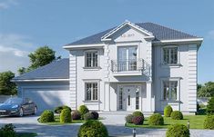 a large white two story house with a car parked in the driveway and bushes around it