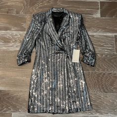 Zara Black & Silver Sequins Blazer Dress Brand New Never Worn No Sequins Missing Very Stylish And On Trend Great For A Night Out Fall Party Dress With Shiny Details, Shiny Dress For Night Out In Fall, Shiny Party Dress For Fall, Festive Fitted Metallic Sequin Dress, Metallic Fitted Sequin Dress For Festive Occasions, Metallic Fitted Dress For Festive Occasions, Metallic Long Sleeve Dress For Festive Season, Silver Long Sleeve Sequined Dress, Metallic Long Sleeve Dress For Festive Occasions