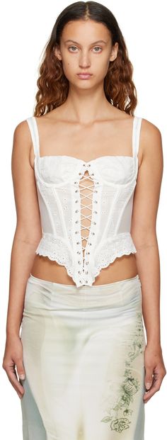 Plain-woven cotton and sheer stretch nylon mesh camisole. Boning and broderie anglaise detailing throughout. · Paneled construction · Lace-up closure · Zip closure at back · Partial mesh lining Supplier color: White Summer Cotton Corset With Built-in Bra, Spring Lace Tops With Boned Bodice, Summer Lace Corset With Feminine Style, Spring Cami Top With Boned Bodice, Lace Tops With Corset Back, Spring Lace Top With Corset Back, Spring Lace Sleeveless Corset, Lace Top With Corset Back For Spring, Spring Feminine Camisole Corset