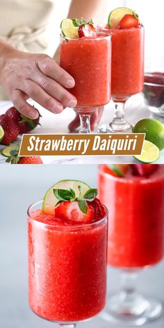 strawberry daiquita with limes and strawberries on the rim in two glasses