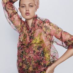 Zara Nwot Organza Floral Bomber Jacket. Htf Organza Bomber Jacket Featuring A Floral Print All Over In Autumnal Rose Hues And Zip Front Closure. Tie Detail At The Waist. Bomber Style Collar And Puff Sleeves. Color: Rose / Green. Us Size M. New Without Tags. Excellent Condition. Stunning On! Best Fits A Us Size S-M Price As Marked Or Best Offer! Chic Pink Fall Blouse, Chic Pink Blouse For Fall, Feminine Pink Blouse For Fall, Feminine Pink Floral Print Outerwear, Pink Blouse For Spring Daywear, Chic Pink Floral Print Outerwear, Pink Spring Blouse For Work, Pink Floral Print Outerwear For Spring, Spring Pink Blouse For Work