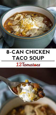 a bowl of chicken taco soup with tortilla chips and sour cream on top