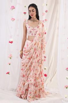 Shop for Esha Koul Pink Georgette Printed Ruffle Saree With Blouse for Women Online at Aza Fashions Vani Vats, Stitched Saree, Floral Saree, Ruffle Saree, Ready To Wear Saree, Indian Wedding Wear, Printed Saree, Indian Fashion Designers, Georgette Saree