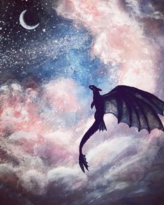 a painting of a dragon flying through the sky with stars and clouds in the background