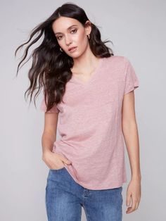 Discover the unbeatable comfort and style of our Linen V-Neck T-Shirt! Made with 100% linen, this shirt is sure to become your new wardrobe essential. Its back HSP length of 25” provides the perfect fit for any body type. For best results, simply hand wash in cold water, avoid bleach, and lay flat to dry. And if you want to keep it looking like new, iron at a low setting or take it to the dry cleaners. Don't miss out on this must-have item! Linen T Shirt, Business Chic, Linen Tshirts, Short Denim, Maxi Robes, Pull Sweat, Jumpsuit Shorts Rompers, Short Jumpsuit, Basic Tops