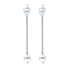 Drop Freshwater Pearl Stud Earrings Sterling Silver - @seasprayjewelry Two cultured freshwater pearls are connected with a cable chain, creating a beautiful long drop look. These stylish and dangling double pearl earrings are crafted in .925 sterling silver. Collection: Pearl Jewelry Metal: 925 Sterling Silver Hallmark: 925 Earring Type: Push-Back Beaded With: Freshwater Pearl Width: 6 mm. (1/4 inches) Height: 45 mm. (1 25/32 inches) Diameter: Fresh Water Pearls: 5, 6 mm. (1/4 inches) Please no Luxury Pearl Chain Sterling Silver Earrings, Double Pearl Earrings, Silver Chain Earrings, Silver Collection, Jewelry Metal, Water Pearls, Earring Type, Freshwater Cultured Pearls, Pearl Stud Earrings