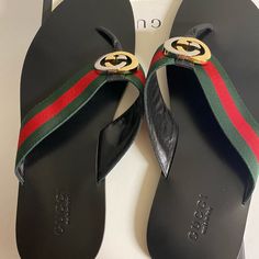 100% Authentic Black And Gold, Size 12 Gucci Slippers, Shoes Gucci, Gucci Shoes, Bags Shoes, Flip Flop Sandals, Black And Gold, Cloth Bags, Limited Time, Flip Flops