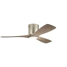 a ceiling fan that is on top of a white wall and has two blades attached to it