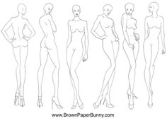 a line drawing of female mannequins from different angles and body shapes, with the