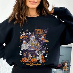 Retro Mickey Halloween 2023 Trick or Treat Tee Magic Disney Halloween T-shirt For Fan Events, Cars Halloween Costume, Retro Halloween T-shirt Pre-shrunk, Disney Halloween Graphic Print T-shirt, Disney Halloween Character Print T-shirt, Halloween Mickey Mouse T-shirt For Disney Fans, Disneyland Halloween, Mickey Halloween, Matching Halloween