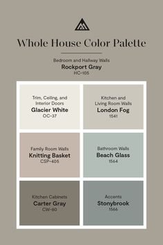 the color palette for this house is gray, white and grey with black lettering on it