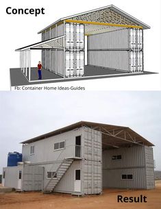 two pictures side by side showing the inside and outside of a house with metal walls