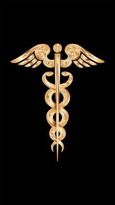 a golden cadus medical symbol with snakes on it's sides and wings, against a black background