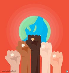 several hands holding up the earth in front of red and green background with text that reads,