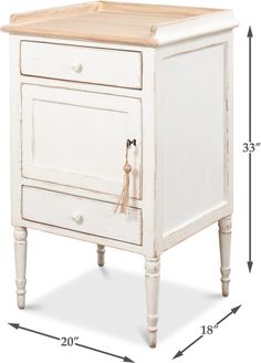 a white nightstand with two drawers and an open drawer on the bottom, measurements for each drawer